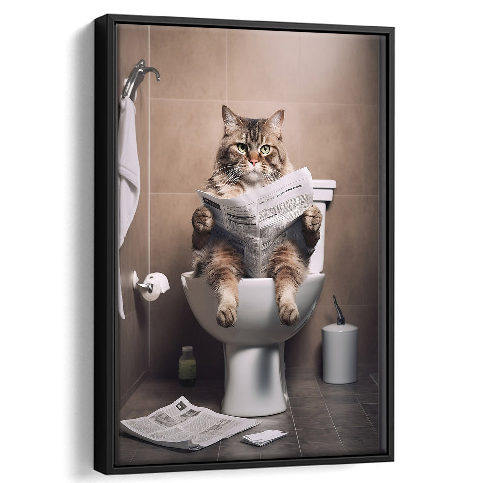 Cat Print Framed Canvas Prints Wall Art, Funny Bathroom Decor, Cat In Toilet