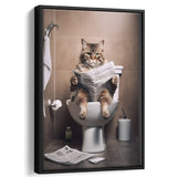 Cat Print Framed Canvas Prints Wall Art, Funny Bathroom Decor, Cat In Toilet
