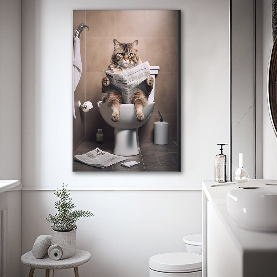 Cat Print Canvas Prints Wall Art, Funny Bathroom Decor, Cat in Toilet