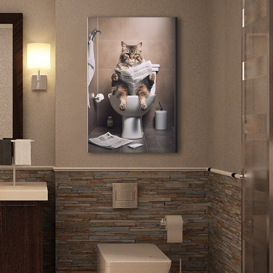 Cat Print Canvas Prints Wall Art, Funny Bathroom Decor, Cat in Toilet