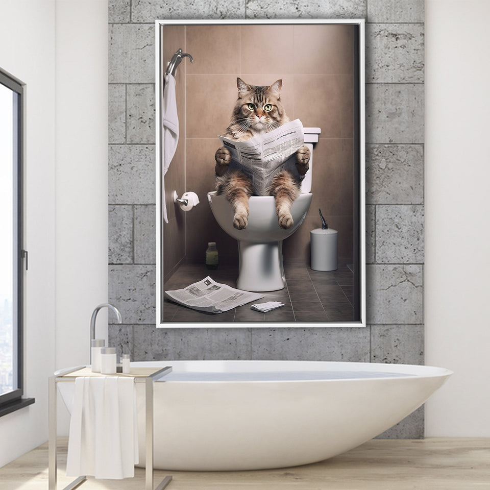 Cat Print Framed Canvas Prints Wall Art, Funny Bathroom Decor, Cat In Toilet