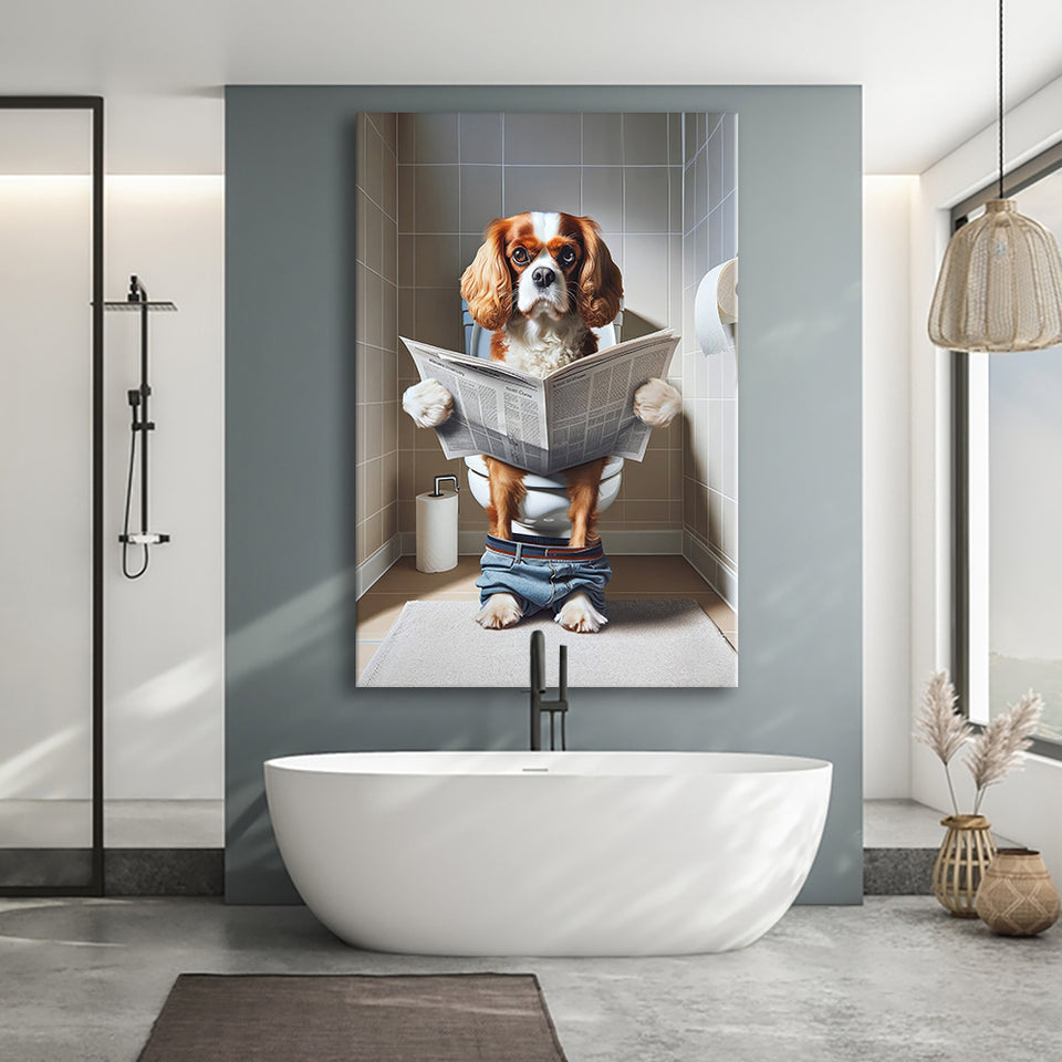Cavalier King Charles Spaniel Canvas Prints Wall Art, Funny Bathroom Decor, Dog in Toilet