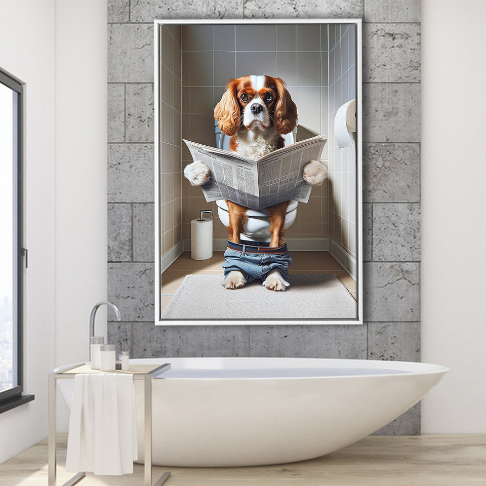 Cavalier King Charles Spaniel Framed Canvas Prints Wall Art, Funny Bathroom Decor, Dog In Toilet