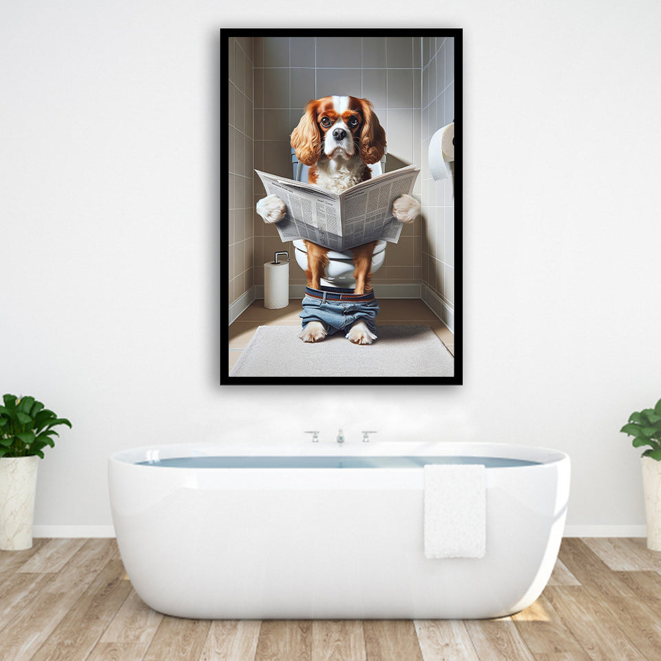 Cavalier King Charles Spaniel Framed Art Print Wall Decor, Funny Bathroom Decor, Dog In Toilet