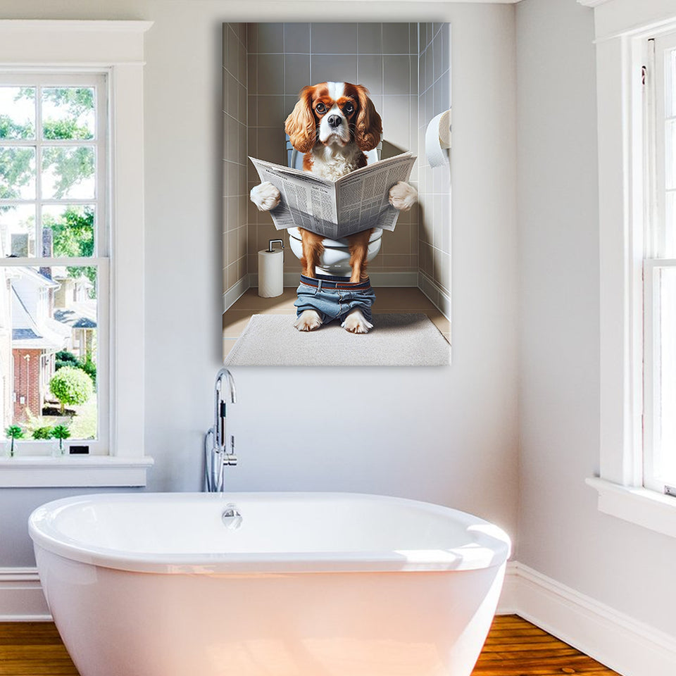Cavalier King Charles Spaniel Canvas Prints Wall Art, Funny Bathroom Decor, Dog in Toilet