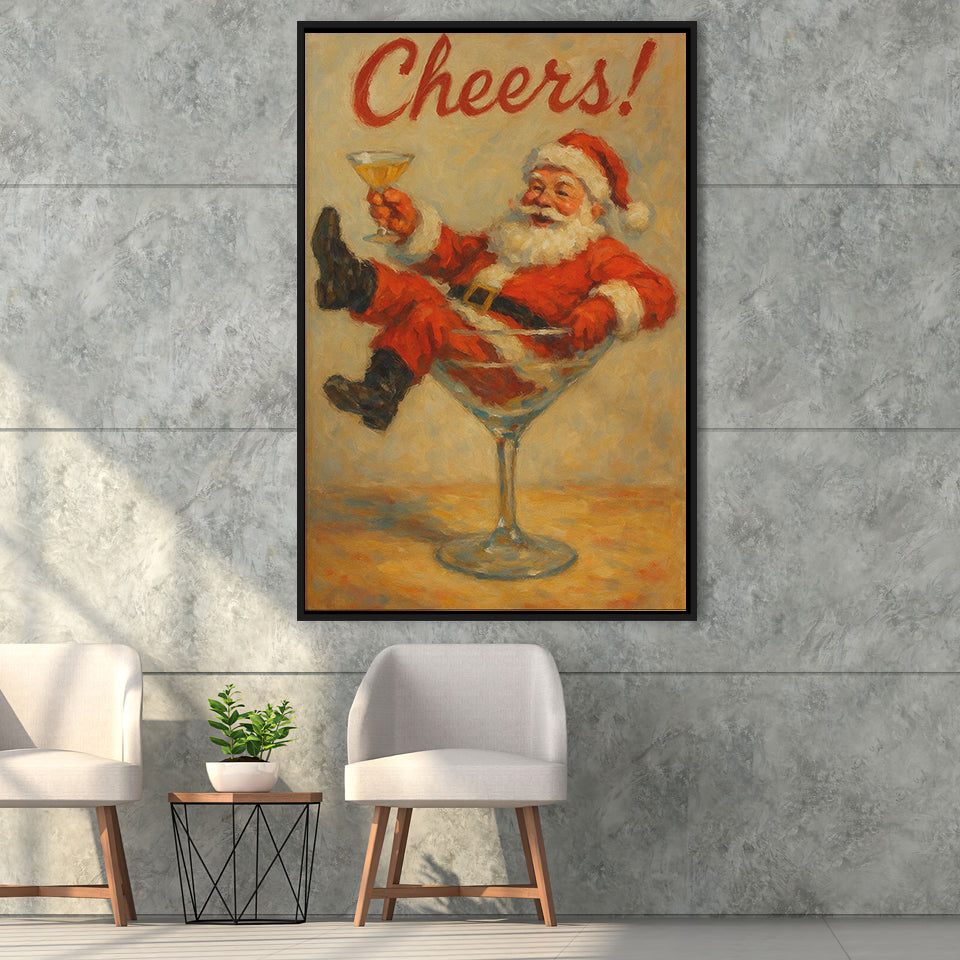 Cheers Santa Claus, Funny Retro Christmas Wall Art, Xmas Vintage Holiday Cocktail Print, Framed Canvas Print, Floating Frame
