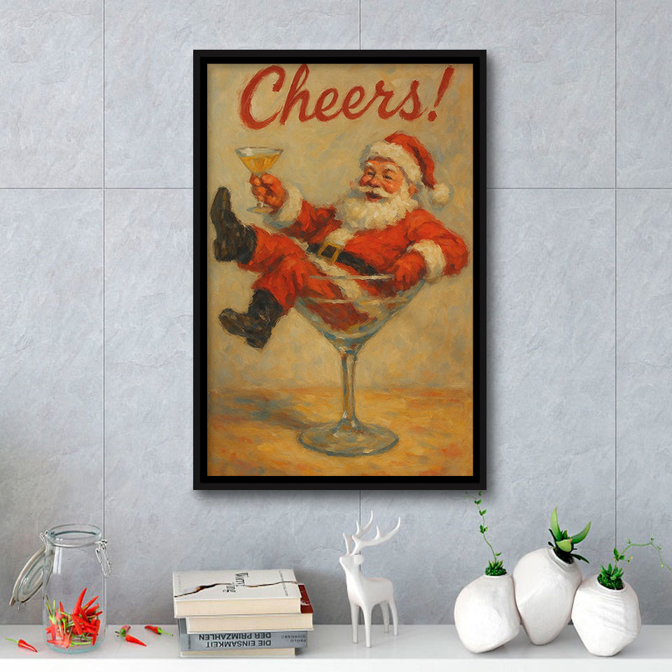 Cheers Santa Claus, Funny Retro Christmas Wall Art, Xmas Vintage Holiday Cocktail Print, Framed Canvas Print, Floating Frame