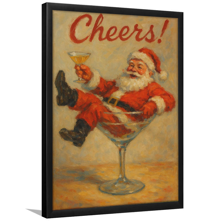 Cheers Santa Claus, Funny Retro Christmas Wall Art, Xmas Vintage Holiday Cocktail Print, Framed Art Print, Fine Art Wall Decor