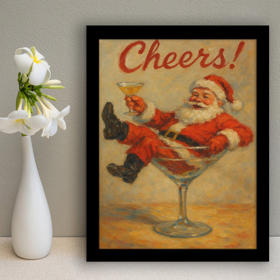 Cheers Santa Claus, Funny Retro Christmas Wall Art, Xmas Vintage Holiday Cocktail Print, Framed Art Print, Fine Art Wall Decor