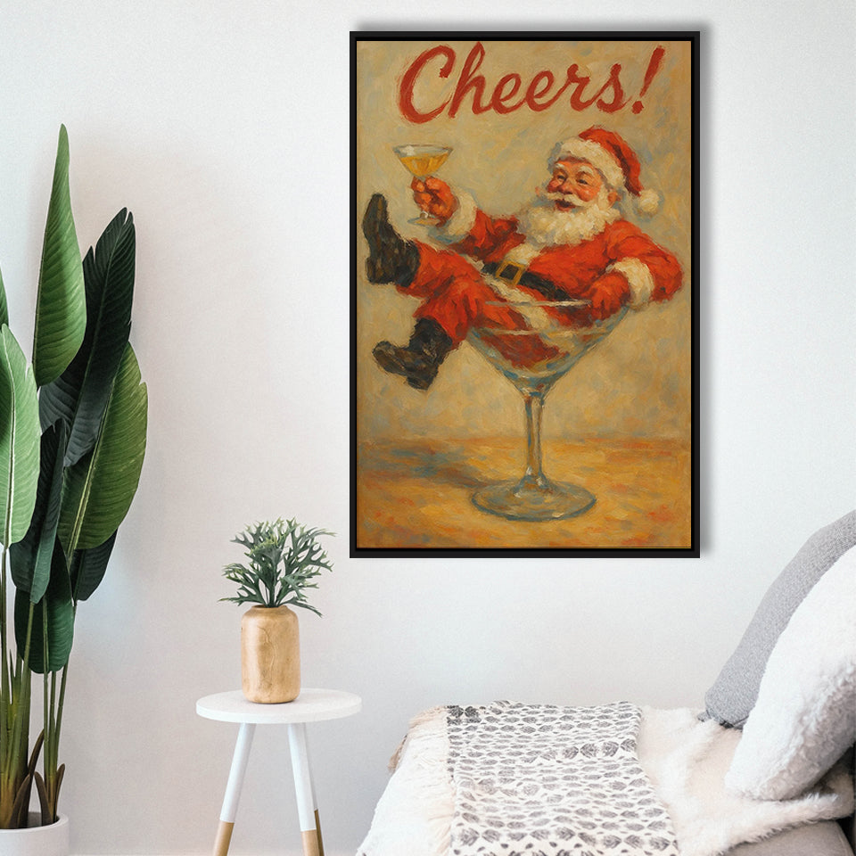 Cheers Santa Claus, Funny Retro Christmas Wall Art, Xmas Vintage Holiday Cocktail Print, Framed Canvas Print, Floating Frame