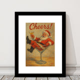 Cheers Santa Claus, Funny Retro Christmas Wall Art, Xmas Vintage Holiday Cocktail Print, Framed Art Print White Border