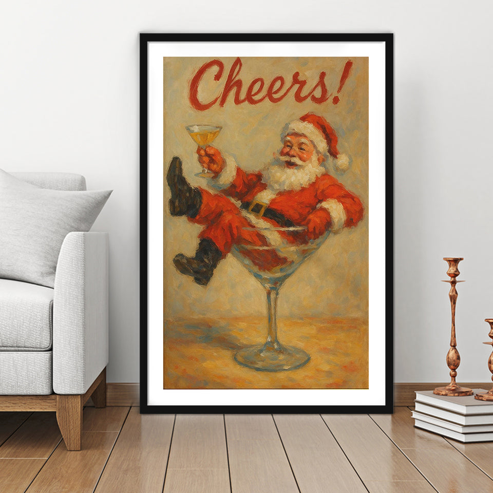 Cheers Santa Claus, Funny Retro Christmas Wall Art, Xmas Vintage Holiday Cocktail Print, Framed Art Print White Border