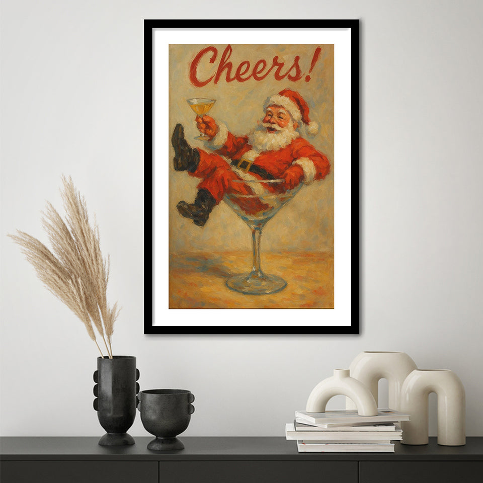 Cheers Santa Claus, Funny Retro Christmas Wall Art, Xmas Vintage Holiday Cocktail Print, Framed Art Print White Border