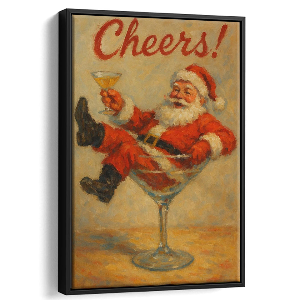 Cheers Santa Claus, Funny Retro Christmas Wall Art, Xmas Vintage Holiday Cocktail Print, Framed Canvas Print, Floating Frame