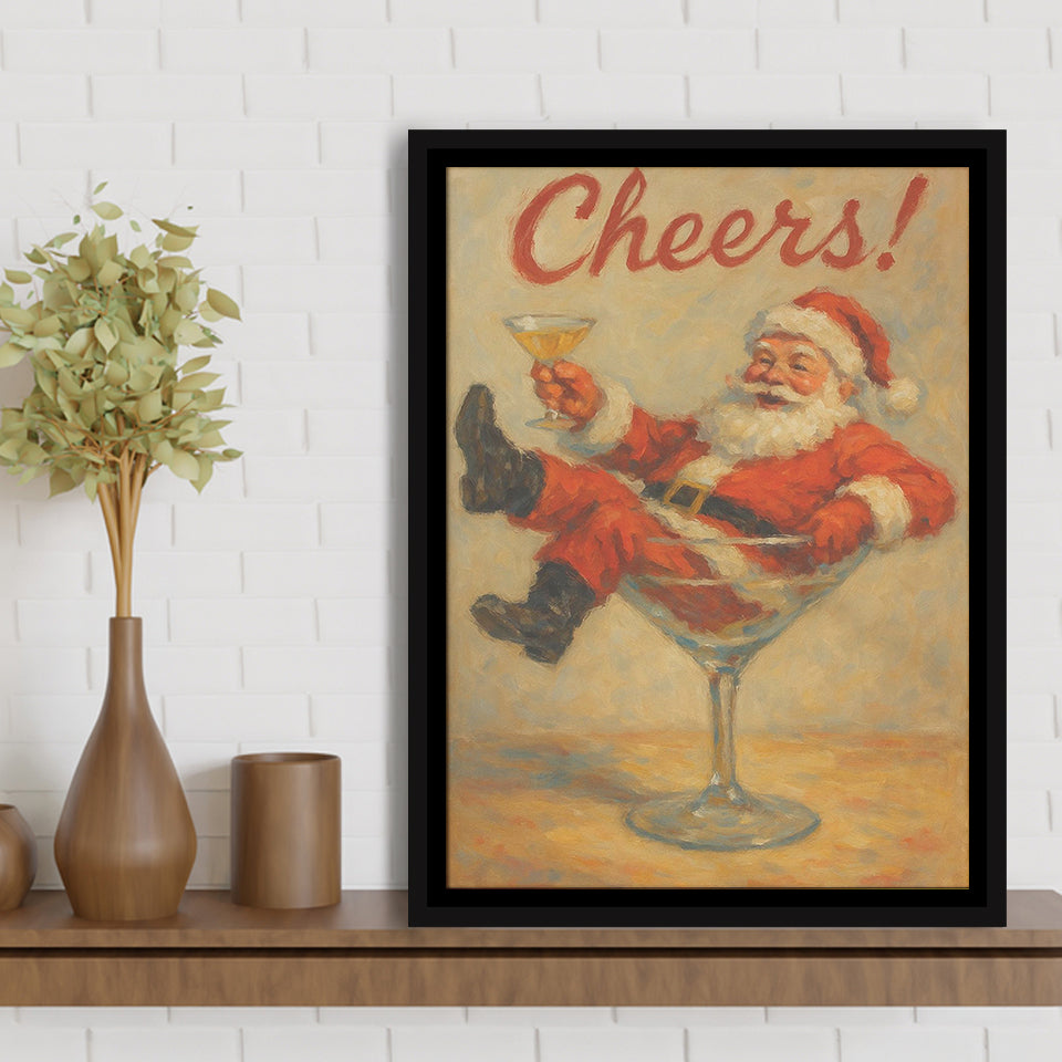 Cheers Santa Claus, Funny Retro Christmas Wall Art, Xmas Vintage Holiday Cocktail Print, Framed Canvas Print, Floating Frame