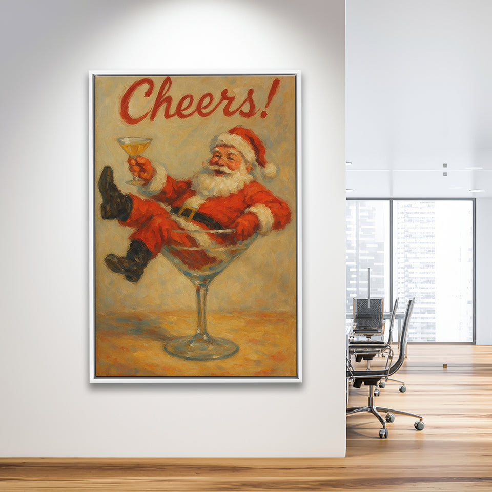 Cheers Santa Claus, Funny Retro Christmas Wall Art, Xmas Vintage Holiday Cocktail Print, Framed Canvas Print, Floating Frame