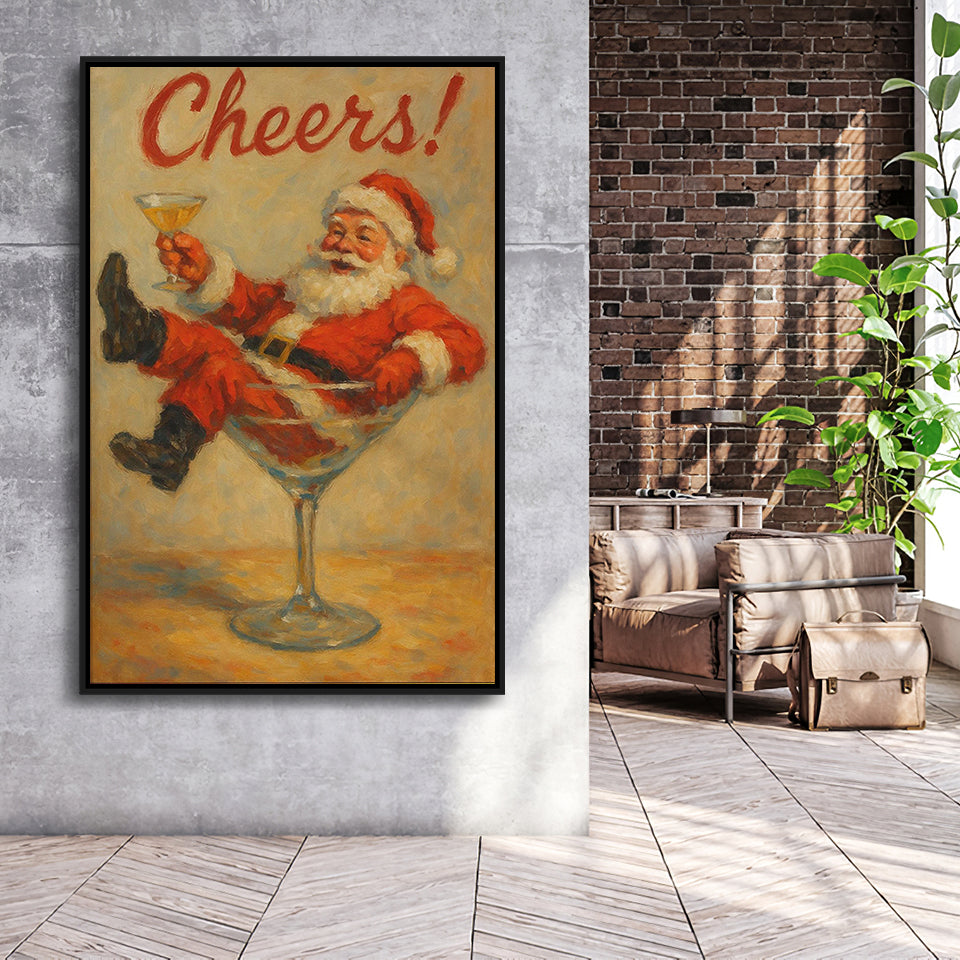 Cheers Santa Claus, Funny Retro Christmas Wall Art, Xmas Vintage Holiday Cocktail Print, Framed Canvas Print, Floating Frame
