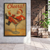 Cheers Santa Claus, Funny Retro Christmas Wall Art, Xmas Vintage Holiday Cocktail Print, Framed Canvas Print, Floating Frame