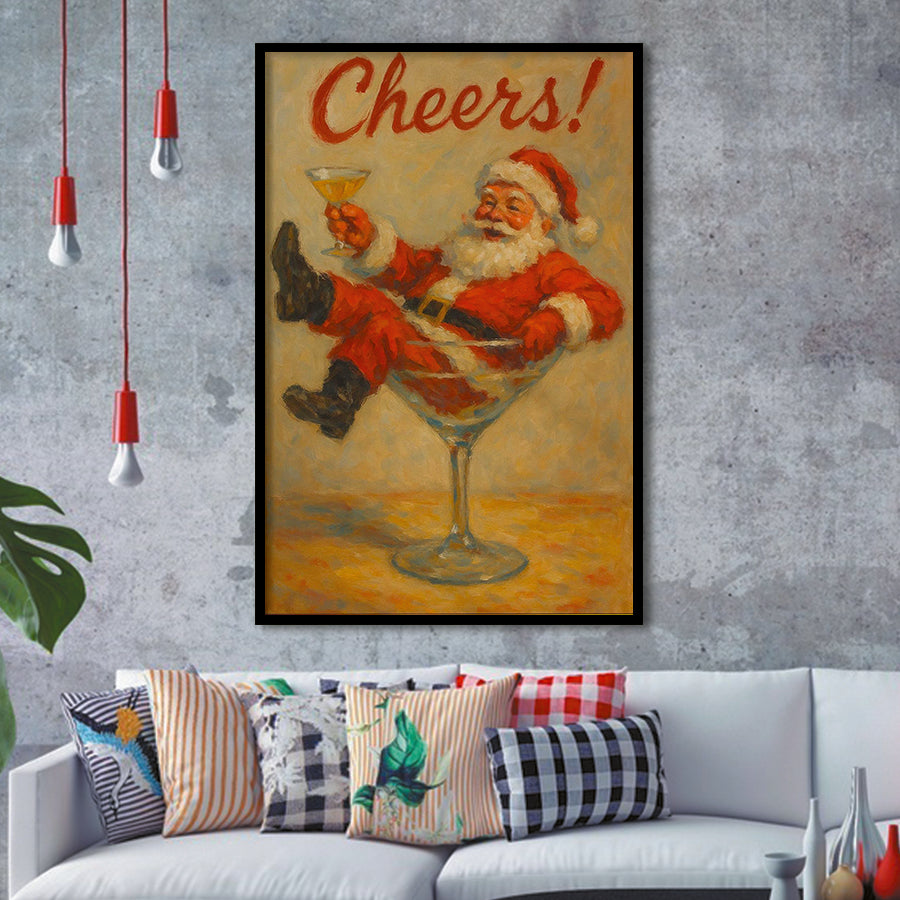 Cheers Santa Claus, Funny Retro Christmas Wall Art, Xmas Vintage Holiday Cocktail Print, Framed Art Print, Fine Art Wall Decor