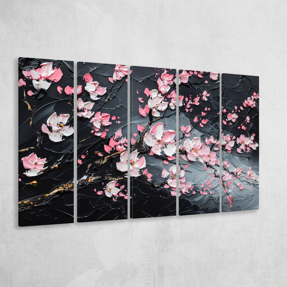 Cherry Blossom Tree Painting Knife Oil Painting, Extra Large Multi 5 Panel Canvas Print Wall Art Decor