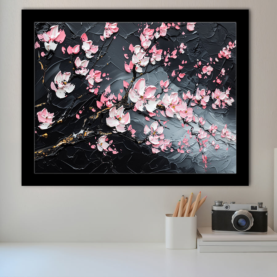 Cherry Blossom Tree Painting Knife Oil Painting, Framed Art Print Wall Decor, Framed Picture