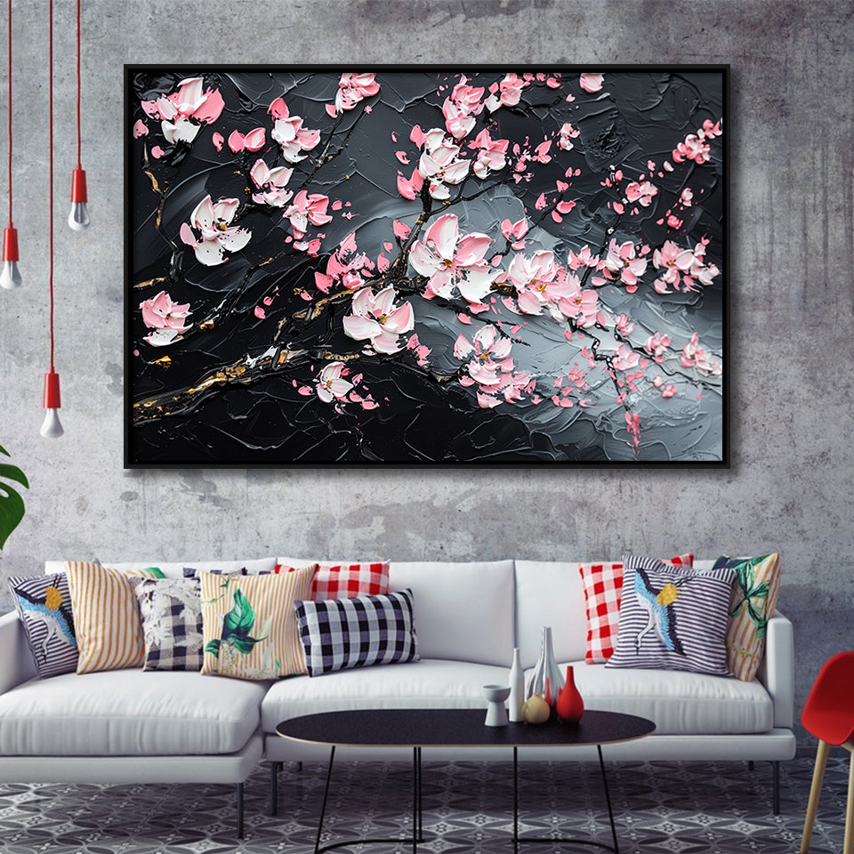 Cherry Blossom Tree Painting Knife Oil Painting, Framed Canvas Print Wall Art Decor,Floating Frame
