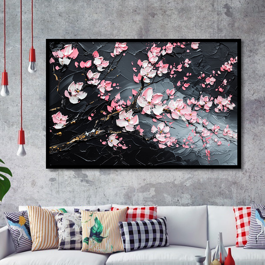 Cherry Blossom Tree Painting Knife Oil Painting, Framed Art Print Wall Decor, Framed Picture