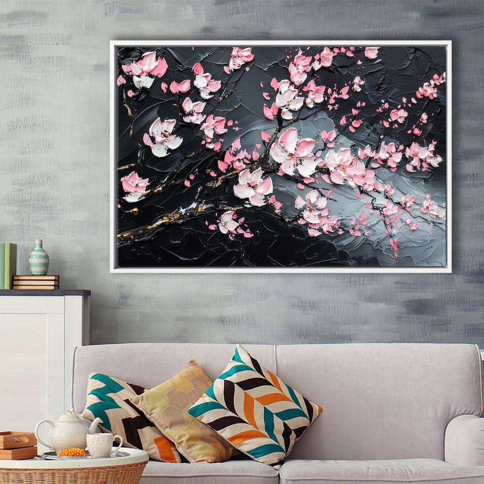 Cherry Blossom Tree Painting Knife Oil Painting, Framed Canvas Print Wall Art Decor,Floating Frame