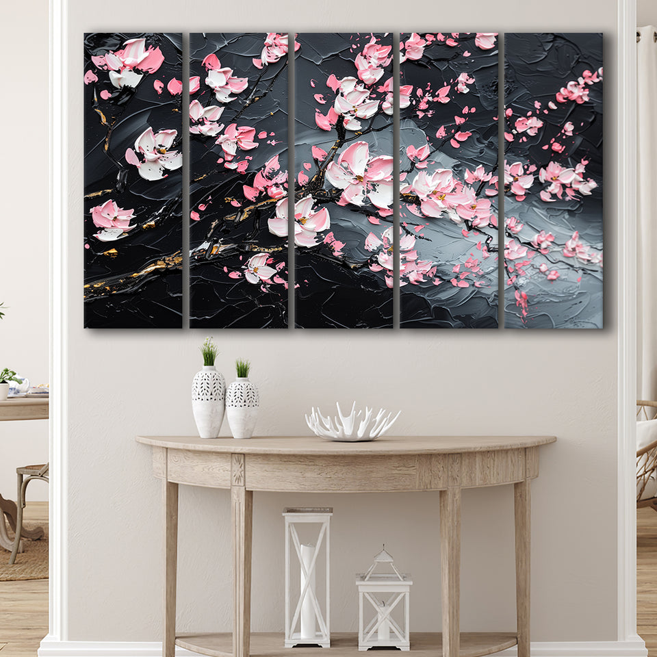 Cherry Blossom Tree Painting Knife Oil Painting, Extra Large Multi 5 Panel Canvas Print Wall Art Decor