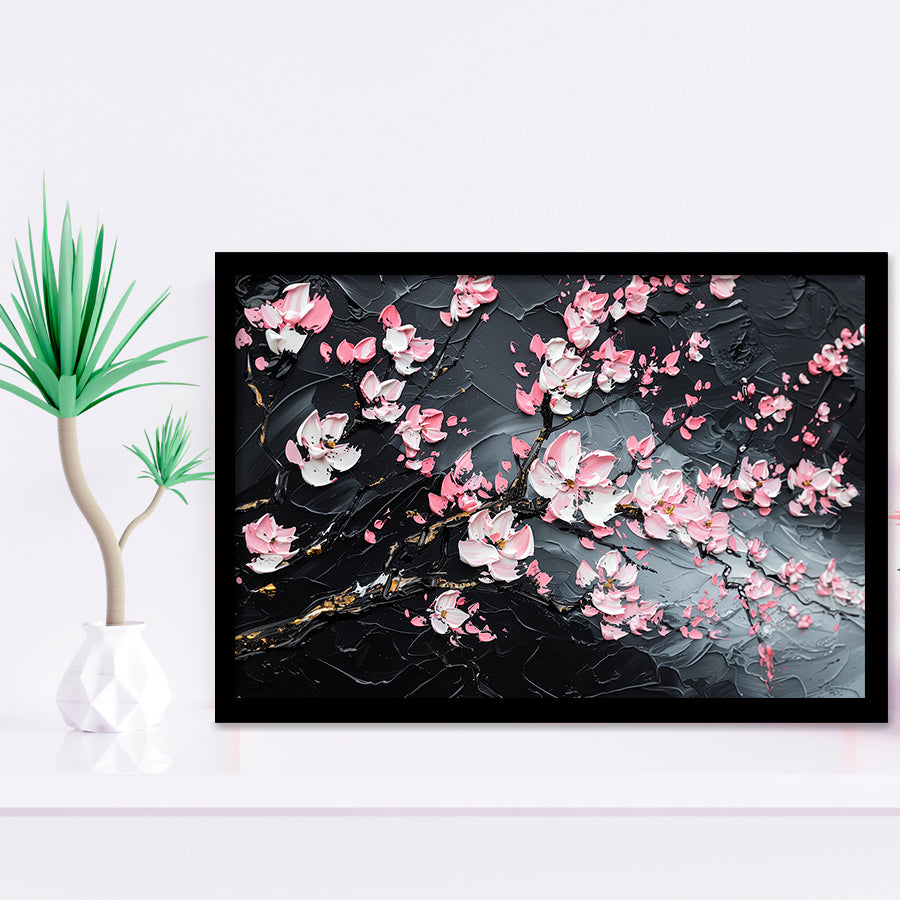 Cherry Blossom Tree Painting Knife Oil Painting, Framed Art Print Wall Decor, Framed Picture