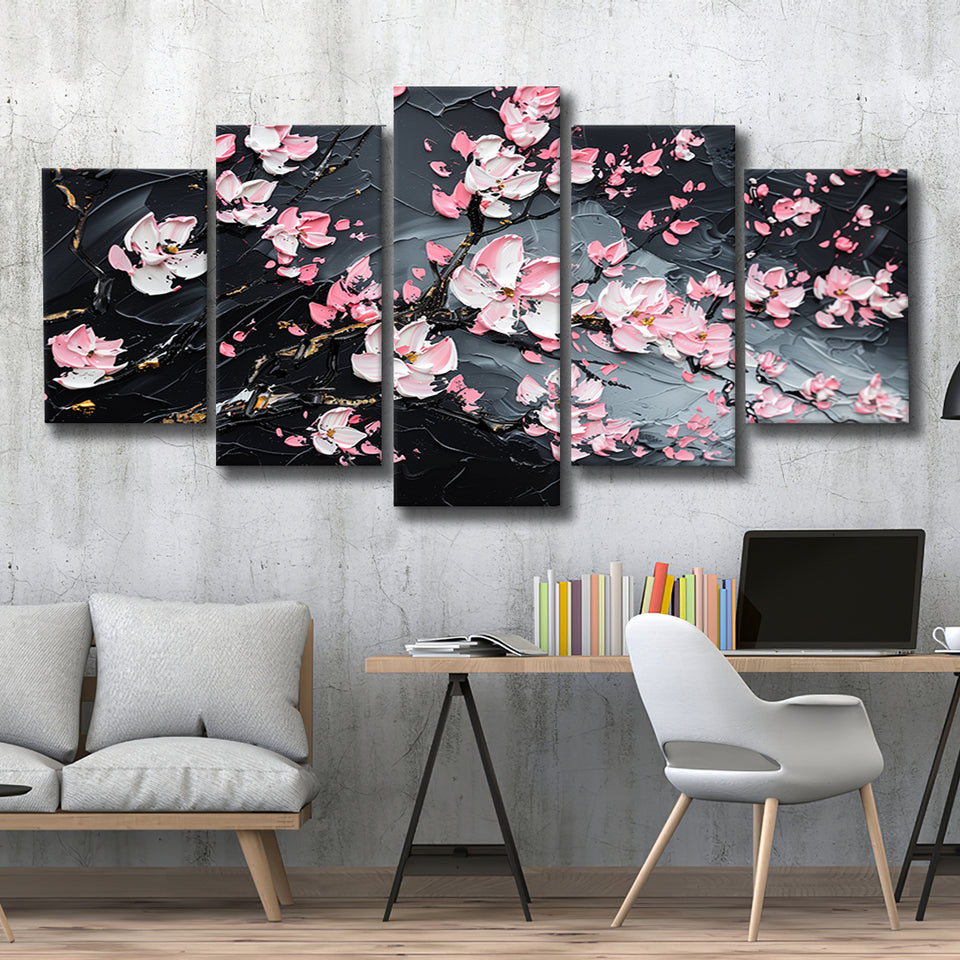 Cherry Blossom Tree Painting Knife Oil Painting, Multi Panel Canvas Print Wall Art Decor, 5 Mixed Panel