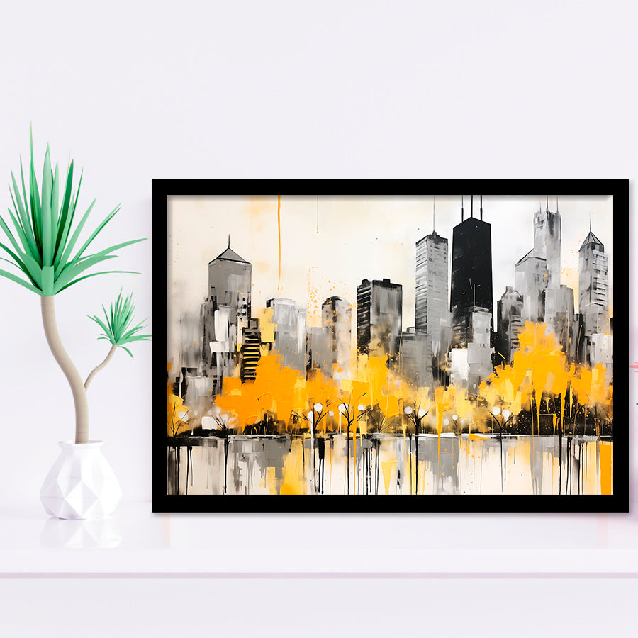 Chicago City Minimalist Boho Style Acrylic Painting V1, Framed Art Print Wall Decor, Framed Picture