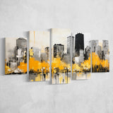 Chicago City Minimalist Boho Style Acrylic Painting V1, 5 Panels Mixed Large Canvas, Canvas Prints Wall Art Decor