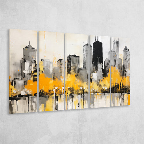 Chicago City Minimalist Boho Style Acrylic Painting V1, 5 Panels Extra Large Canvas, Canvas Prints Wall Art Decor