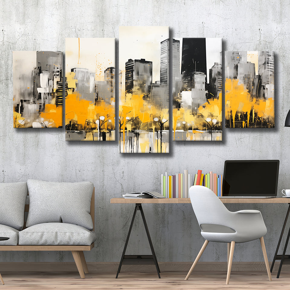 Chicago City Minimalist Boho Style Acrylic Painting V1, 5 Panels Mixed Large Canvas, Canvas Prints Wall Art Decor