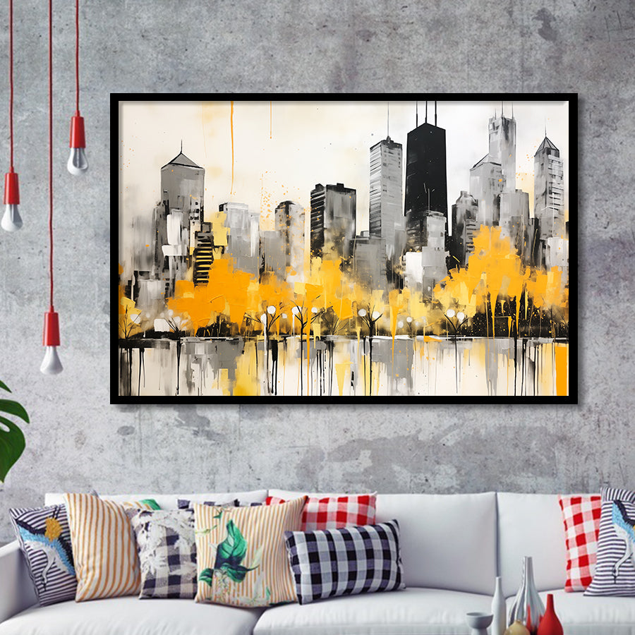 Chicago City Minimalist Boho Style Acrylic Painting V1, Framed Art Print Wall Decor, Framed Picture