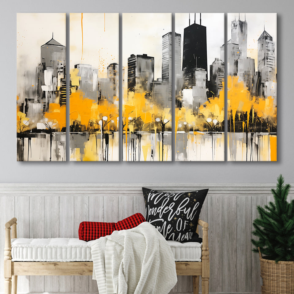 Chicago City Minimalist Boho Style Acrylic Painting V1, 5 Panels Extra Large Canvas, Canvas Prints Wall Art Decor