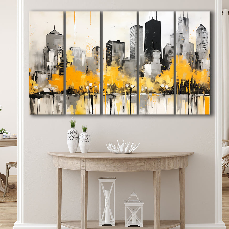 Chicago City Minimalist Boho Style Acrylic Painting V1, 5 Panels Extra Large Canvas, Canvas Prints Wall Art Decor