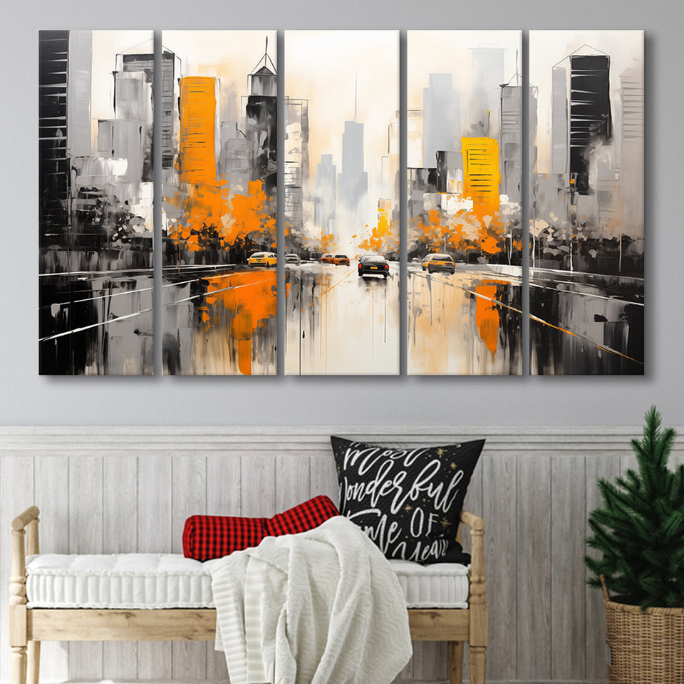 Chicago City Minimalist Abstract Acrylic Painting, 5 Panels Extra Large Canvas, Canvas Prints Wall Art Decor