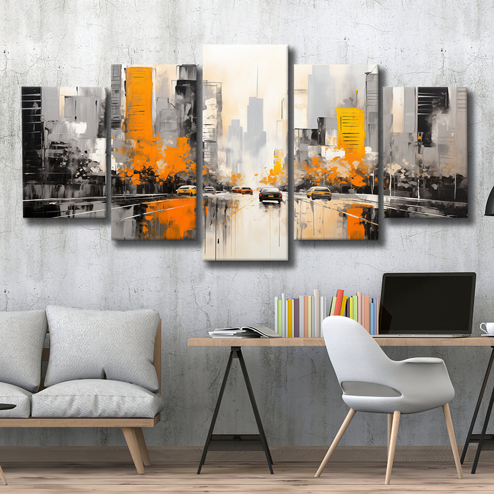 Chicago City Minimalist Abstract Acrylic Painting, 5 Panels Mixed Large Canvas, Canvas Prints Wall Art Decor