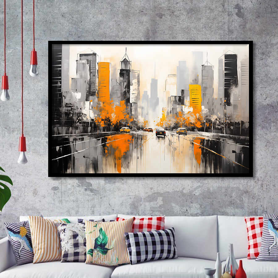 Chicago City Minimalist Abstract Acrylic Painting, Framed Art Print Wall Decor, Framed Picture