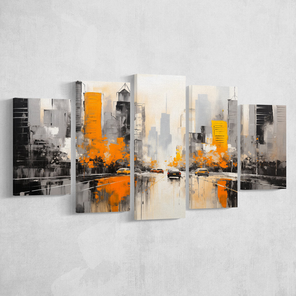Chicago City Minimalist Abstract Acrylic Painting, 5 Panels Mixed Large Canvas, Canvas Prints Wall Art Decor