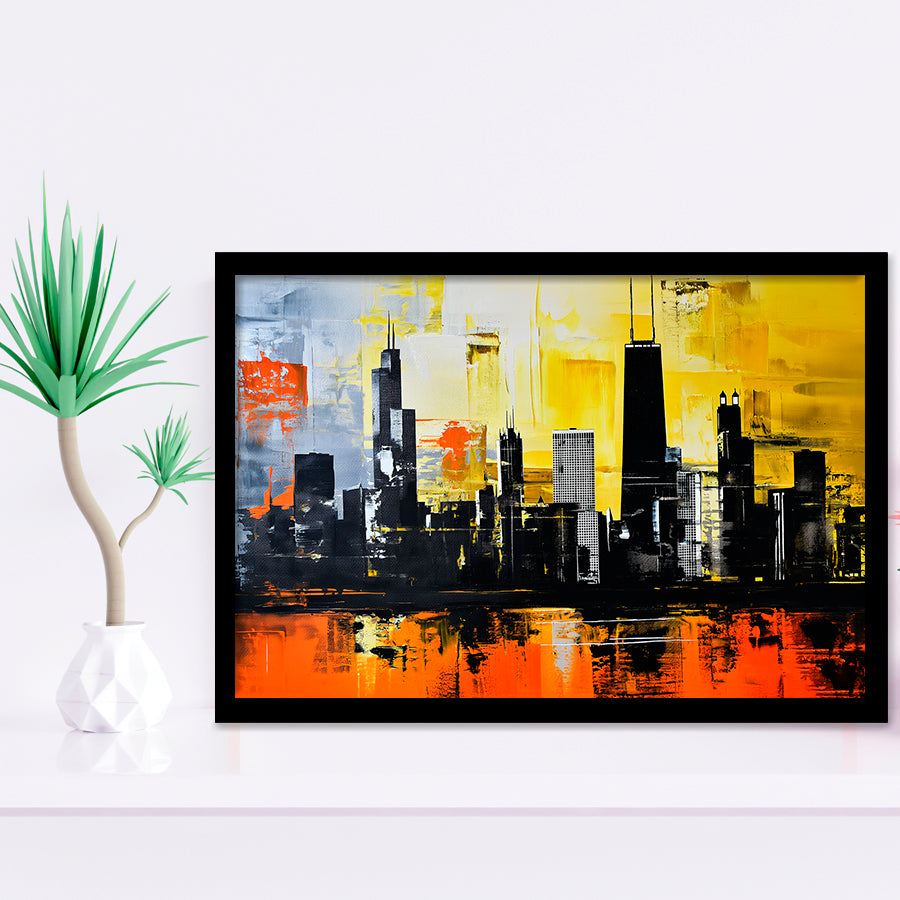 Chicago Skyline Abstract Acrylic Painting V2, Framed Art Print Wall Decor, Framed Picture