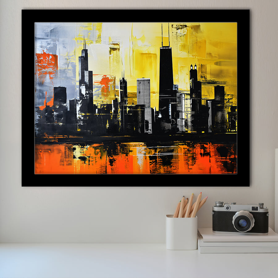Chicago Skyline Abstract Acrylic Painting V2, Framed Art Print Wall Decor, Framed Picture