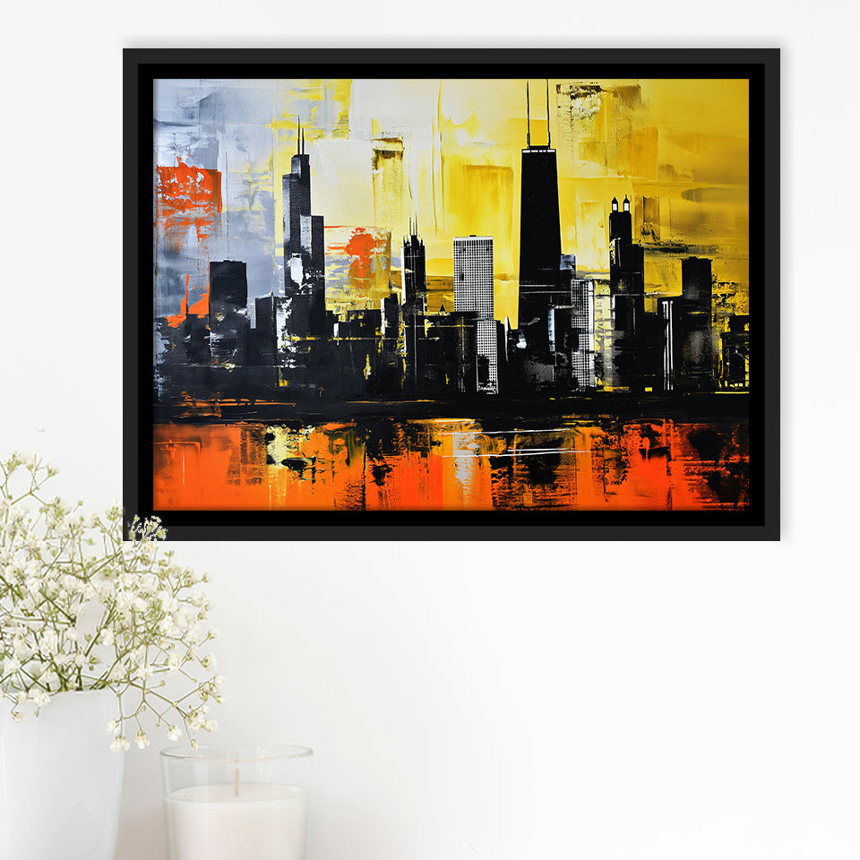 Chicago Skyline Abstract Acrylic Painting V2, Framed Canvas Painting, Framed Canvas Prints Wall Art Decor