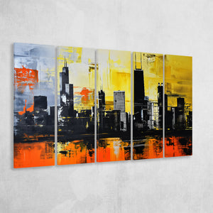 Chicago Skyline Abstract Acrylic Painting V2, 5 Panels Extra Large Canvas, Canvas Prints Wall Art Decor