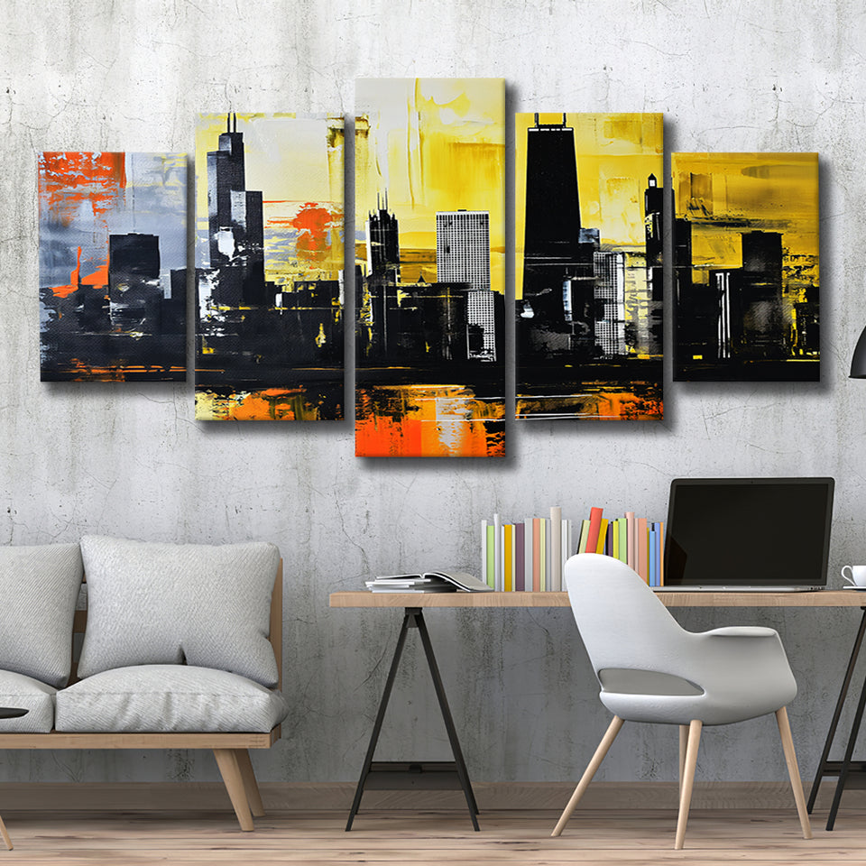 Chicago Skyline Abstract Acrylic Painting V2, 5 Panels Mixed Large Canvas, Canvas Prints Wall Art Decor