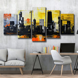 Chicago Skyline Abstract Acrylic Painting V2, 5 Panels Mixed Large Canvas, Canvas Prints Wall Art Decor