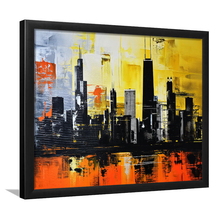 Chicago Skyline Abstract Acrylic Painting V2, Framed Art Print Wall Decor, Framed Picture