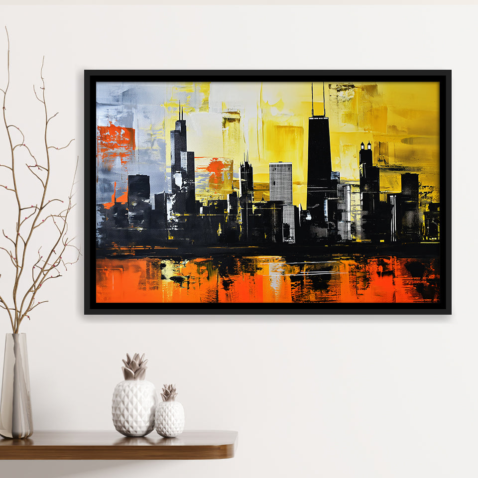 Chicago Skyline Abstract Acrylic Painting V2, Framed Canvas Painting, Framed Canvas Prints Wall Art Decor